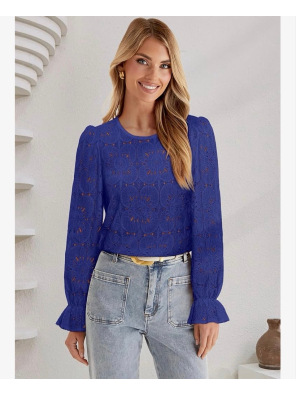 NEW Blue Long Sleeve Eyelet Lace Career Embroidered Blouse M - Picture 5 of 7